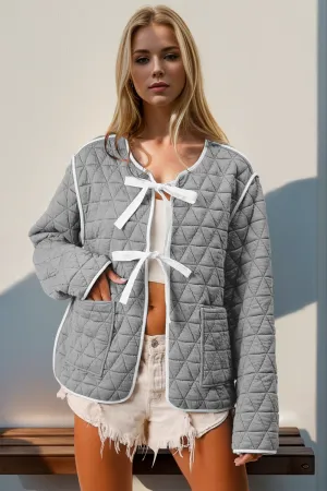 Preorder: Double Take Gray Contrast Trim Tie Front Quilted Jacket with Pockets