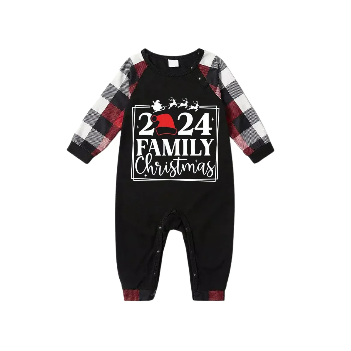 "2024 FAMILY CHRISTMAS " Text And Santa Hat Printed Pattern- Black Top with Red&Black&White Plaid Sleeves - Family Matching Pajamas
