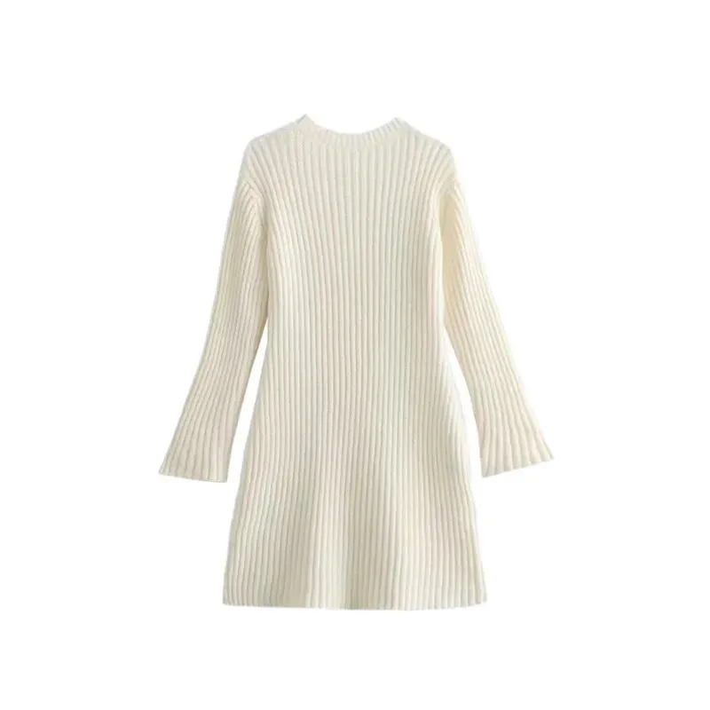 Ribbed Knit A-Line Mini Dress with Flare Sleeves