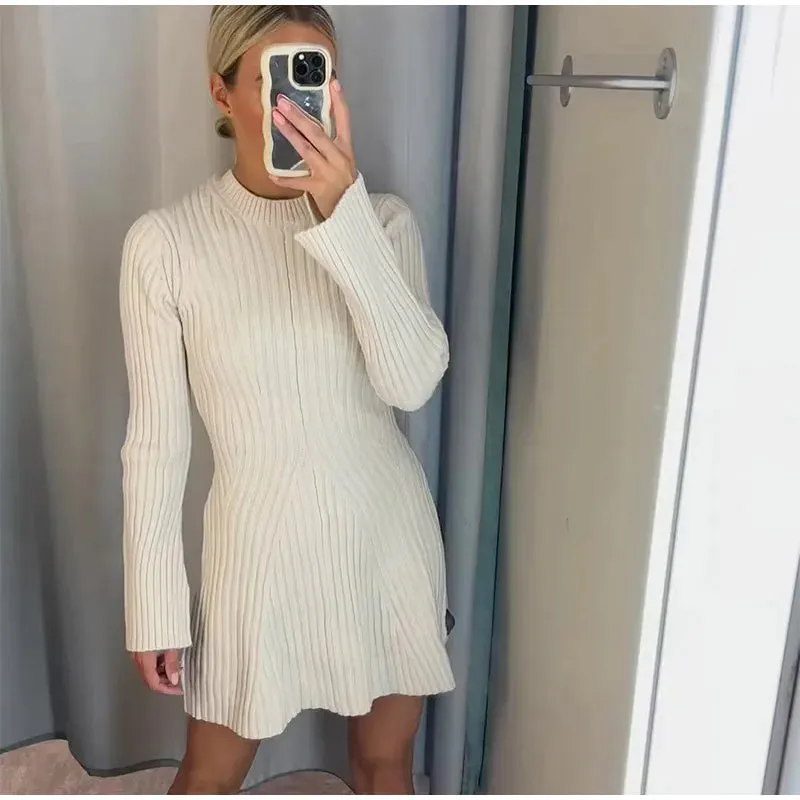 Ribbed Knit A-Line Mini Dress with Flare Sleeves