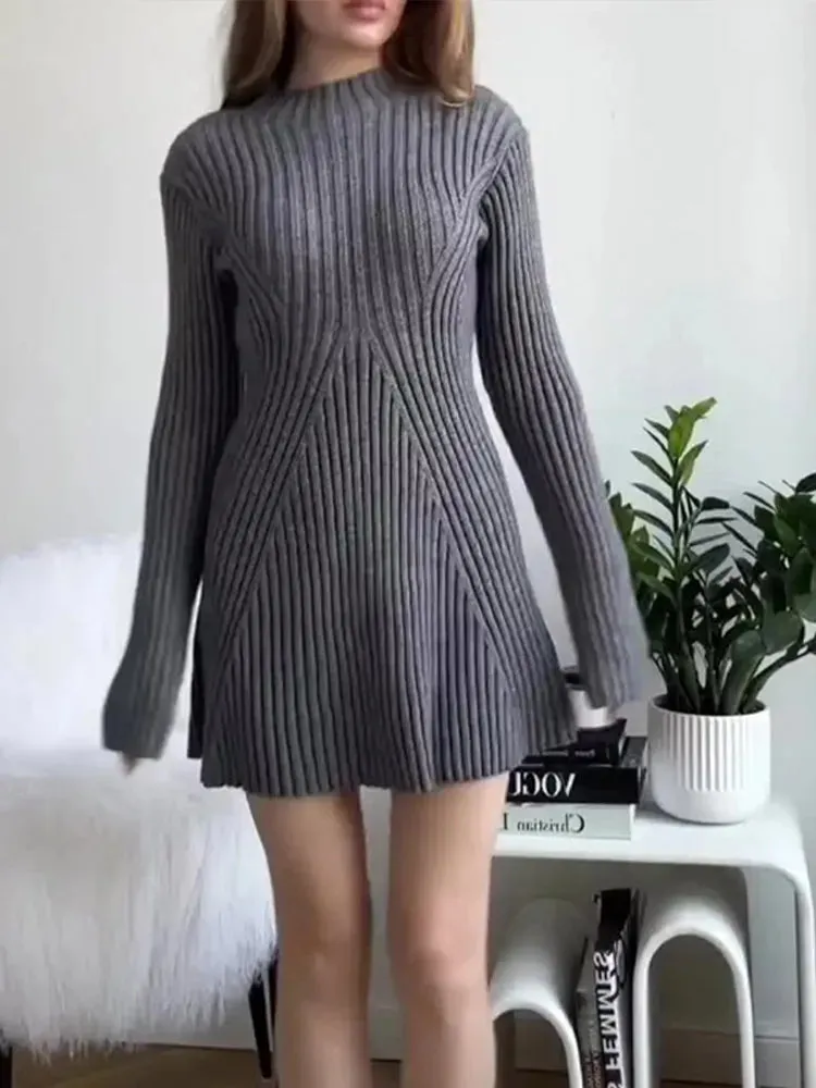 Ribbed Knit A-Line Mini Dress with Flare Sleeves