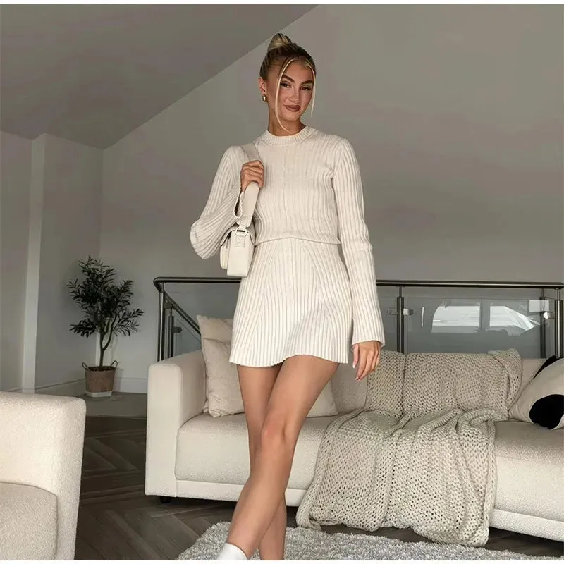 Ribbed Knit A-Line Mini Dress with Flare Sleeves