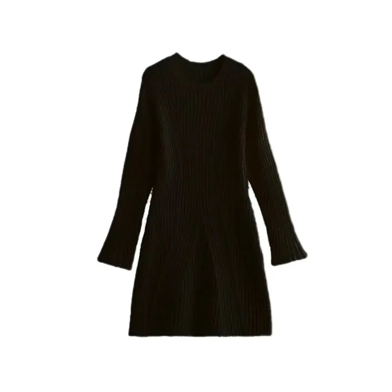 Ribbed Knit A-Line Mini Dress with Flare Sleeves