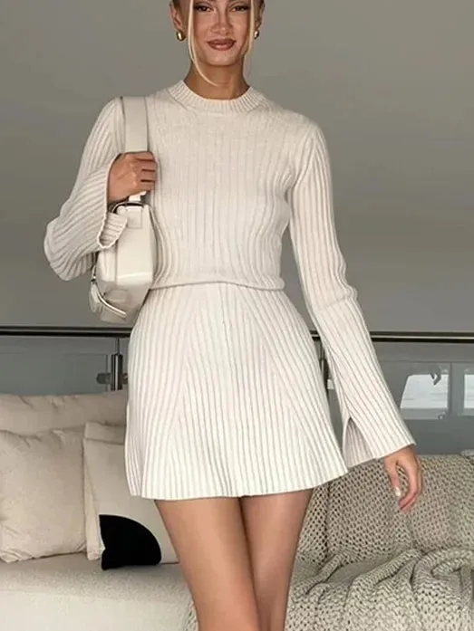 Ribbed Knit A-Line Mini Dress with Flare Sleeves