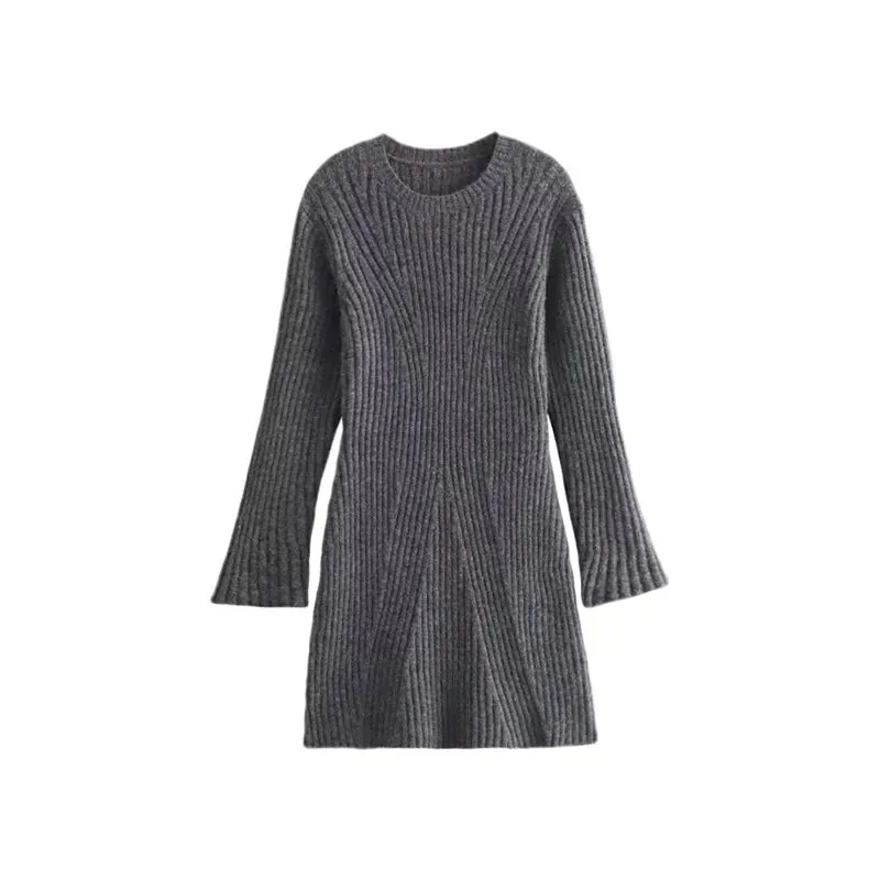 Ribbed Knit A-Line Mini Dress with Flare Sleeves