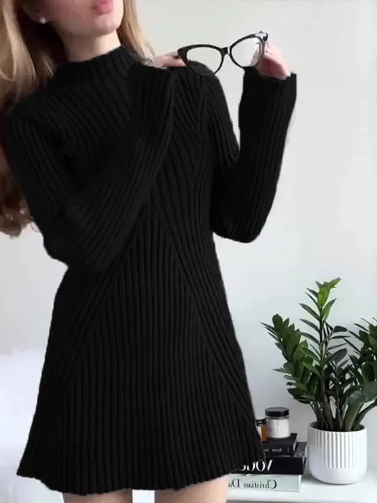 Ribbed Knit A-Line Mini Dress with Flare Sleeves