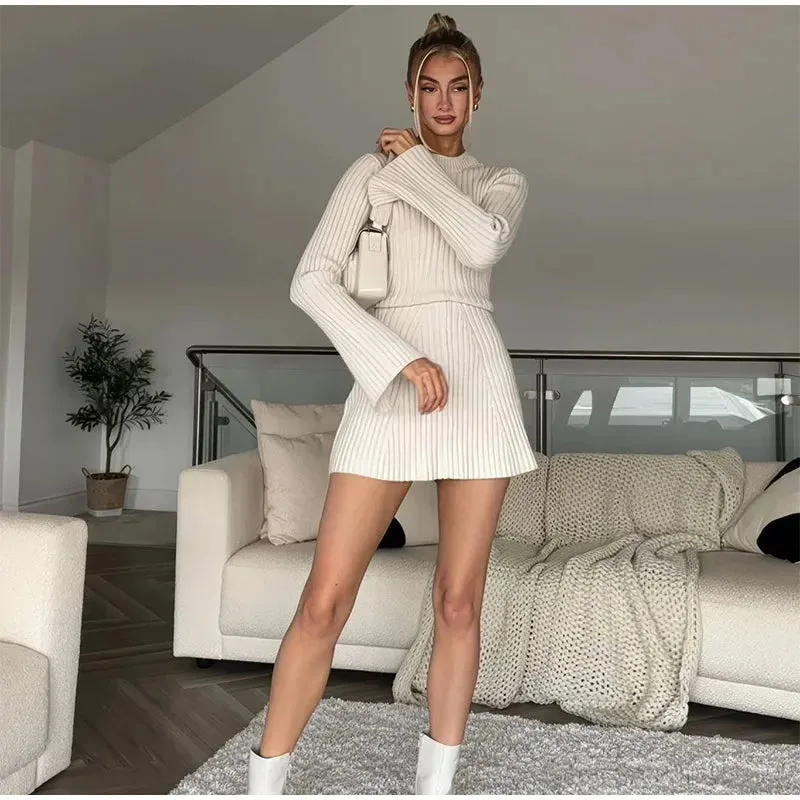 Ribbed Knit A-Line Mini Dress with Flare Sleeves