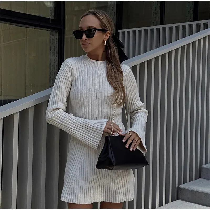 Ribbed Knit A-Line Mini Dress with Flare Sleeves