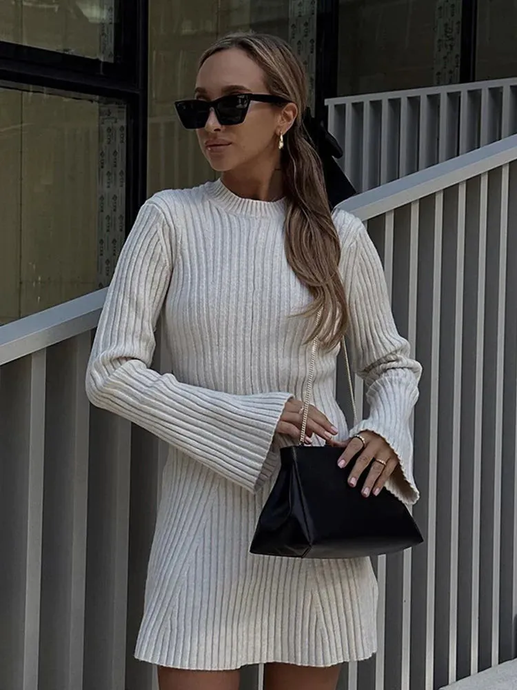 Ribbed Knit A-Line Mini Dress with Flare Sleeves