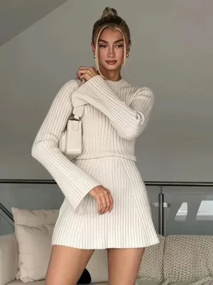 Ribbed Knit A-Line Mini Dress with Flare Sleeves