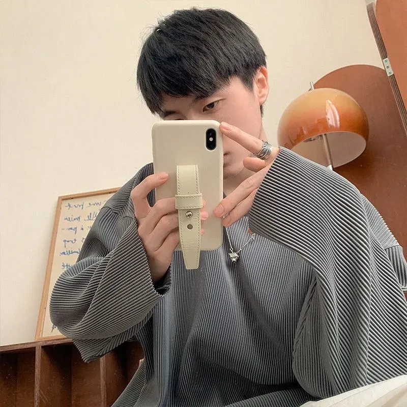 Riolio Loose Autumn Men Long Sleeve T Shirts New Fashion O Neck Vertical Lines Solid Color Casual Men T Shirt Tops