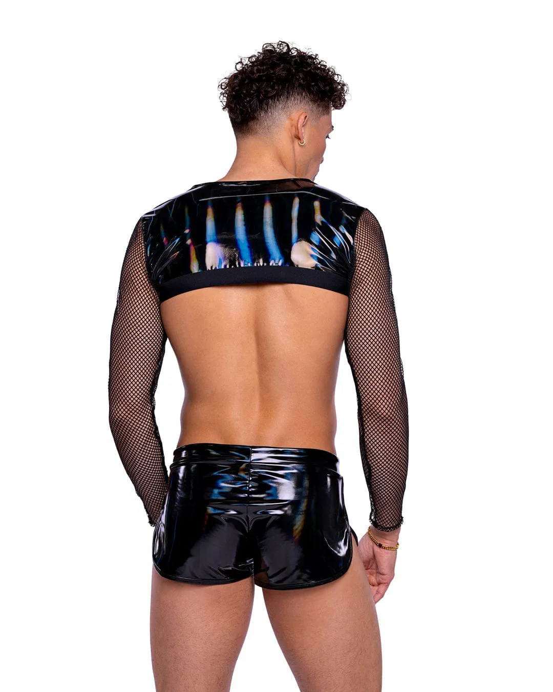 Sexy Men's Black w/ Vinyl Iridescent Print Long Sleeved Fishnet Top