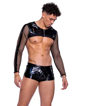 Sexy Men's Black w/ Vinyl Iridescent Print Long Sleeved Fishnet Top