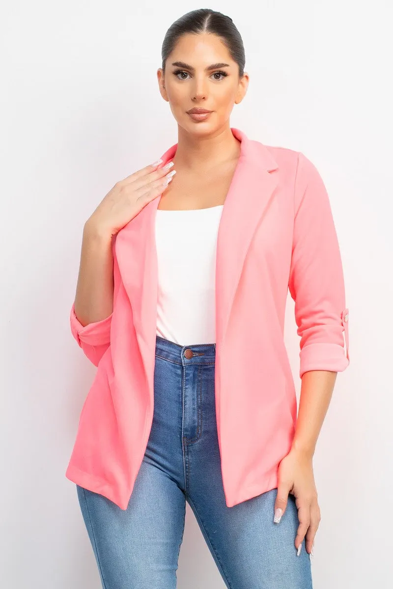 Shirred Neon Pink Quarter Sleeve Blazer