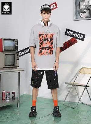Splash Ink Print Raw Edge Loose Shorts