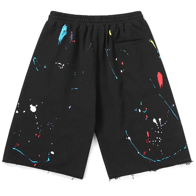 Splash Ink Print Raw Edge Loose Shorts