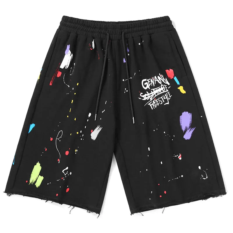 Splash Ink Print Raw Edge Loose Shorts