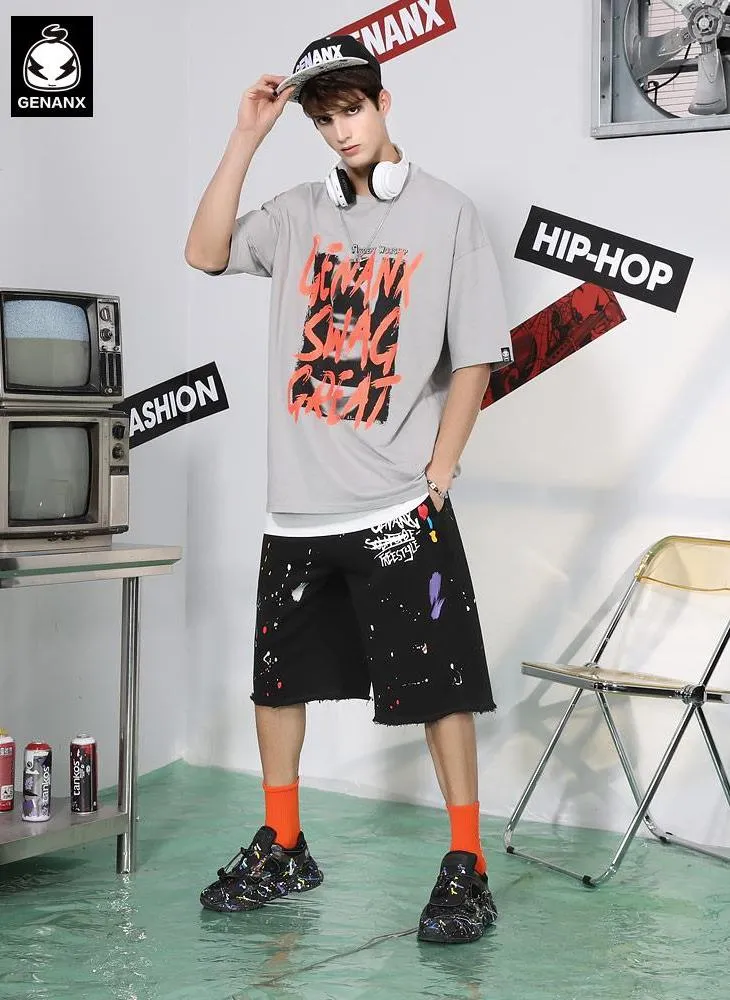Splash Ink Print Raw Edge Loose Shorts