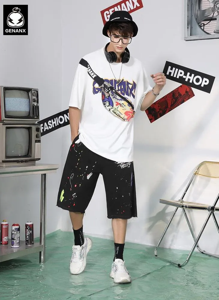 Splash Ink Print Raw Edge Loose Shorts