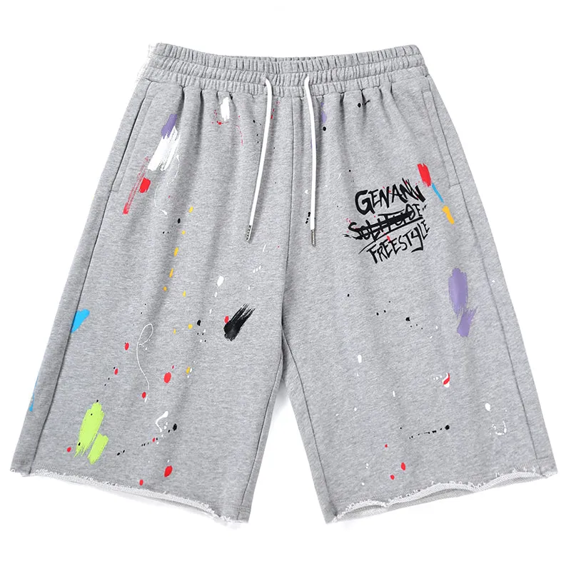 Splash Ink Print Raw Edge Loose Shorts