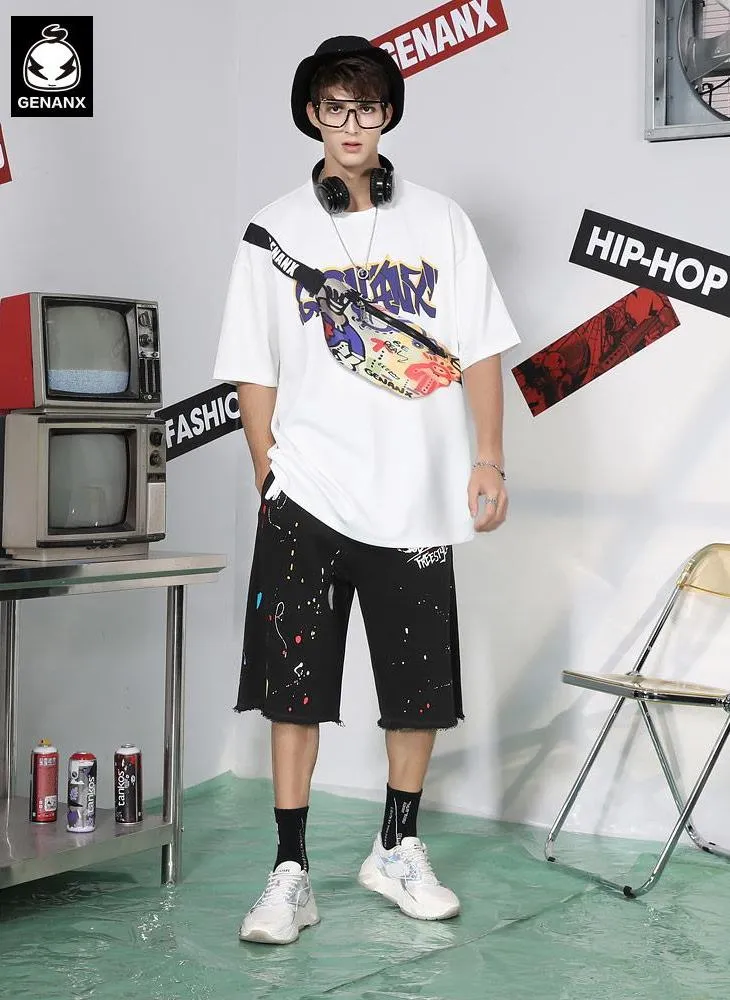Splash Ink Print Raw Edge Loose Shorts