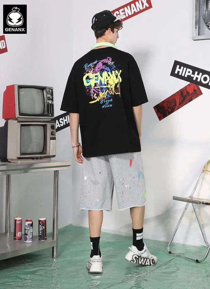 Splash Ink Print Raw Edge Loose Shorts