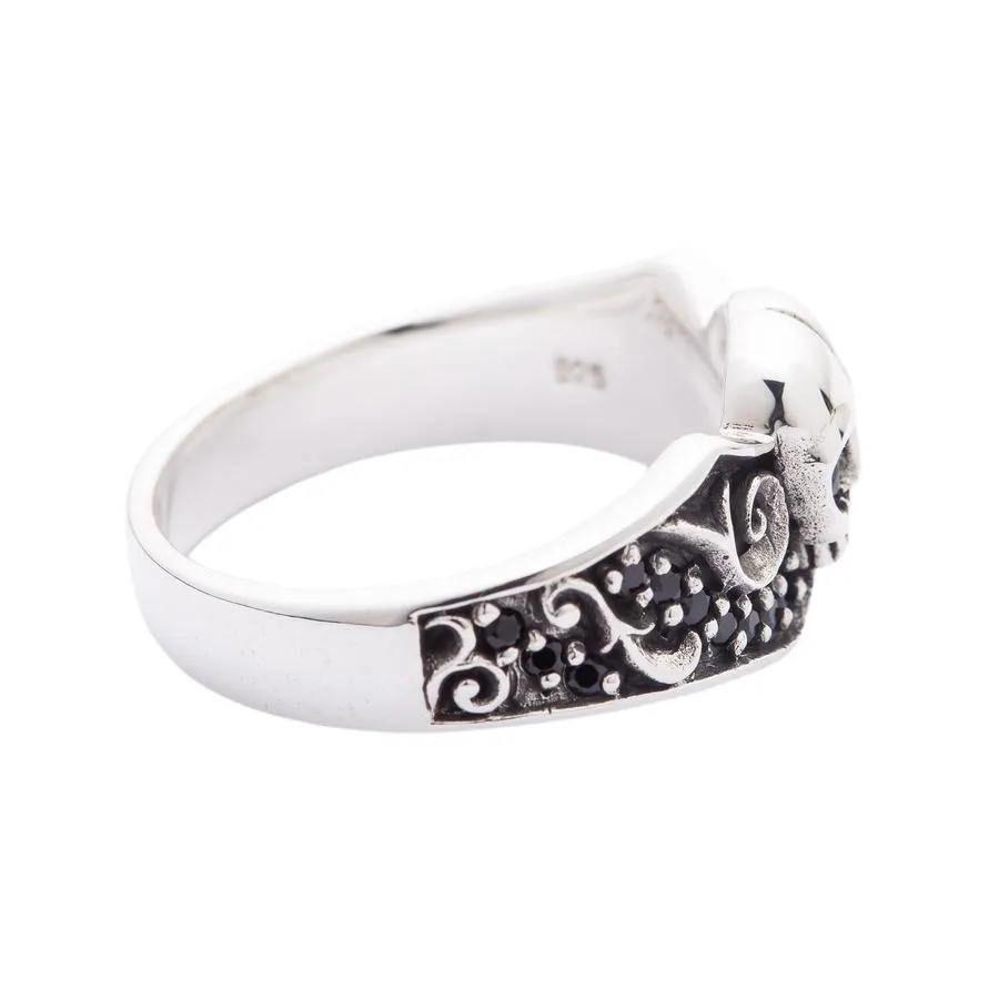 Sterling Silver Black Stones Tribal Skull Gothic Ring