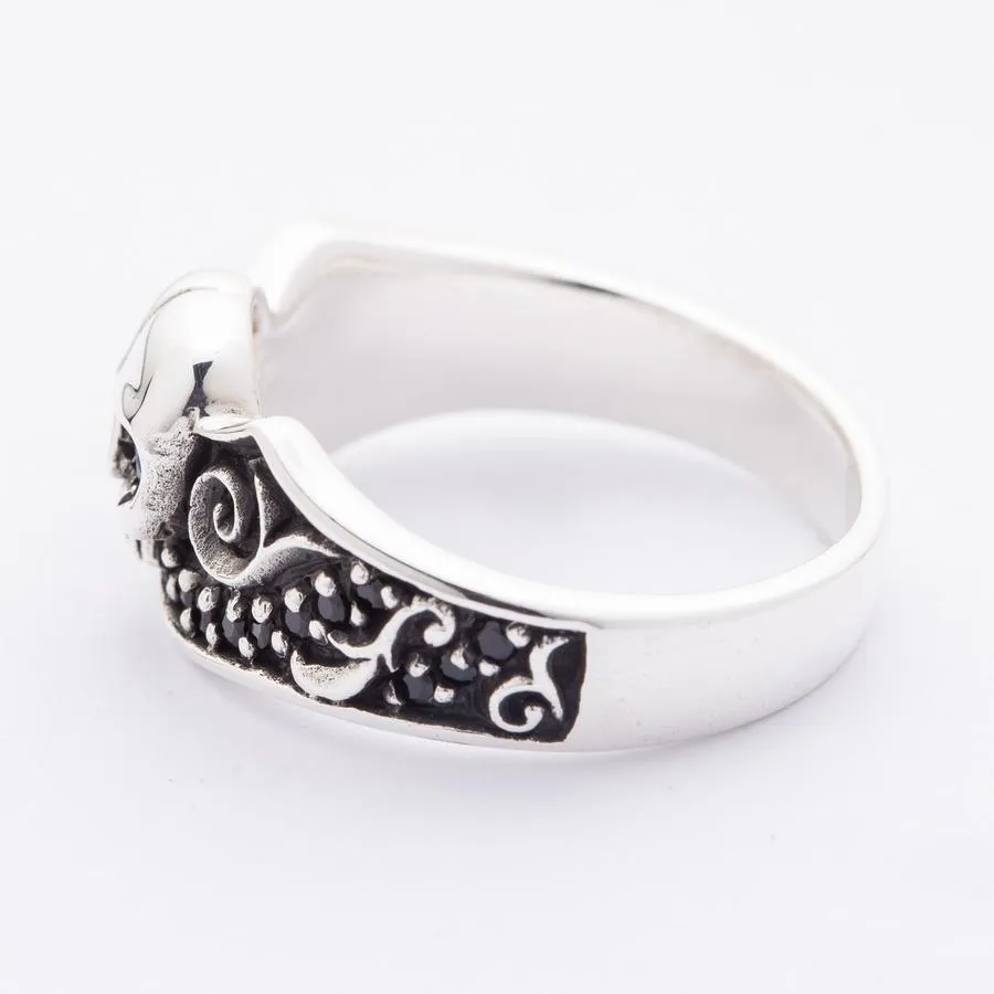 Sterling Silver Black Stones Tribal Skull Gothic Ring