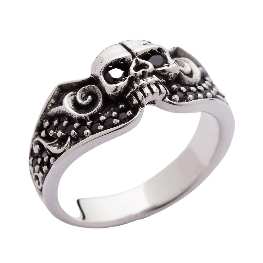 Sterling Silver Black Stones Tribal Skull Gothic Ring