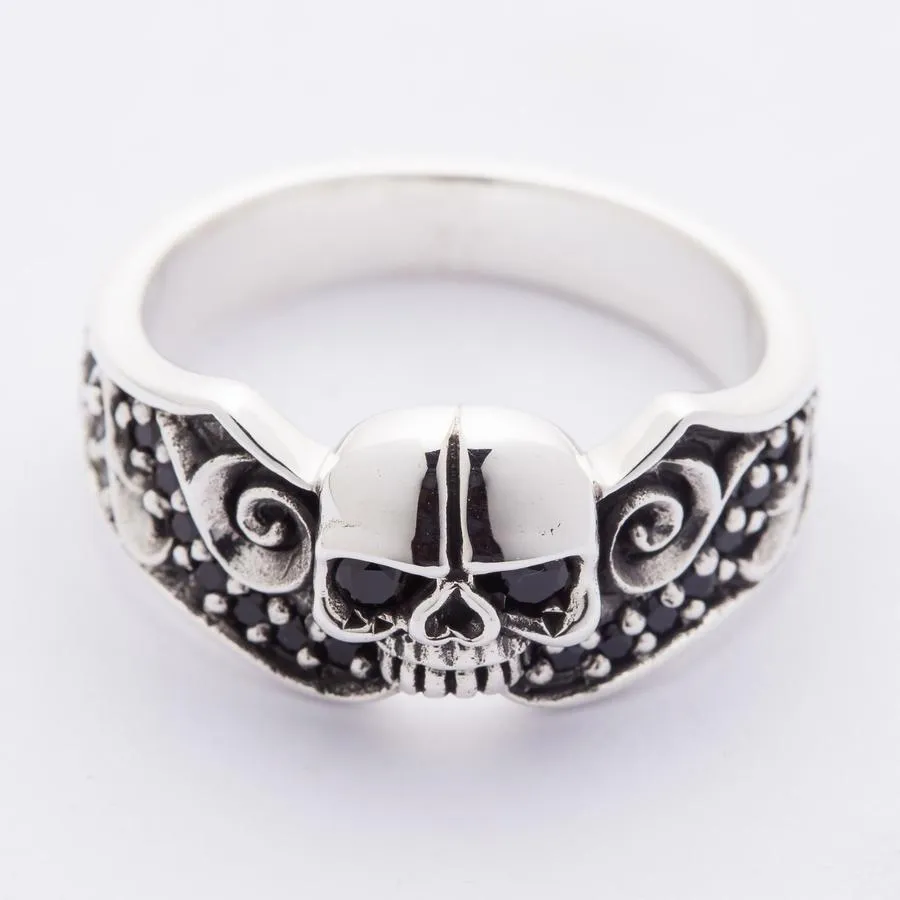 Sterling Silver Black Stones Tribal Skull Gothic Ring