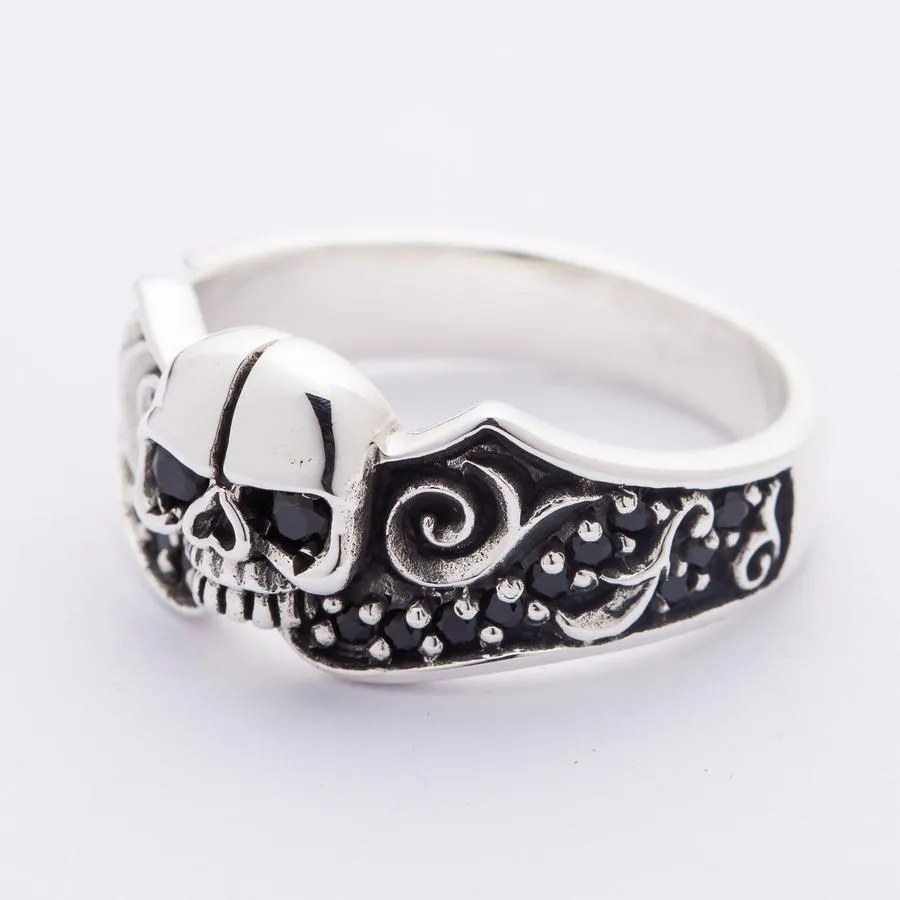 Sterling Silver Black Stones Tribal Skull Gothic Ring