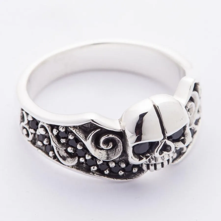 Sterling Silver Black Stones Tribal Skull Gothic Ring