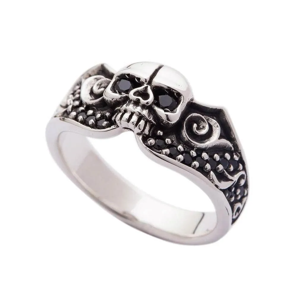 Sterling Silver Black Stones Tribal Skull Gothic Ring