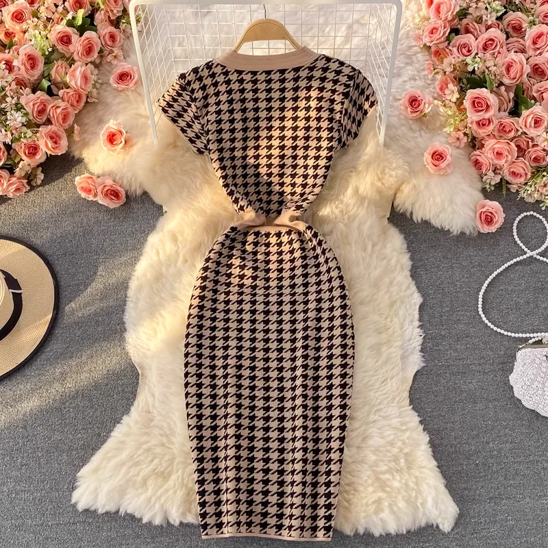 Summer elegant V neck knitted stretch dress 1366