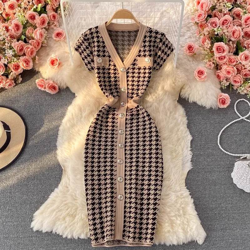 Summer elegant V neck knitted stretch dress 1366