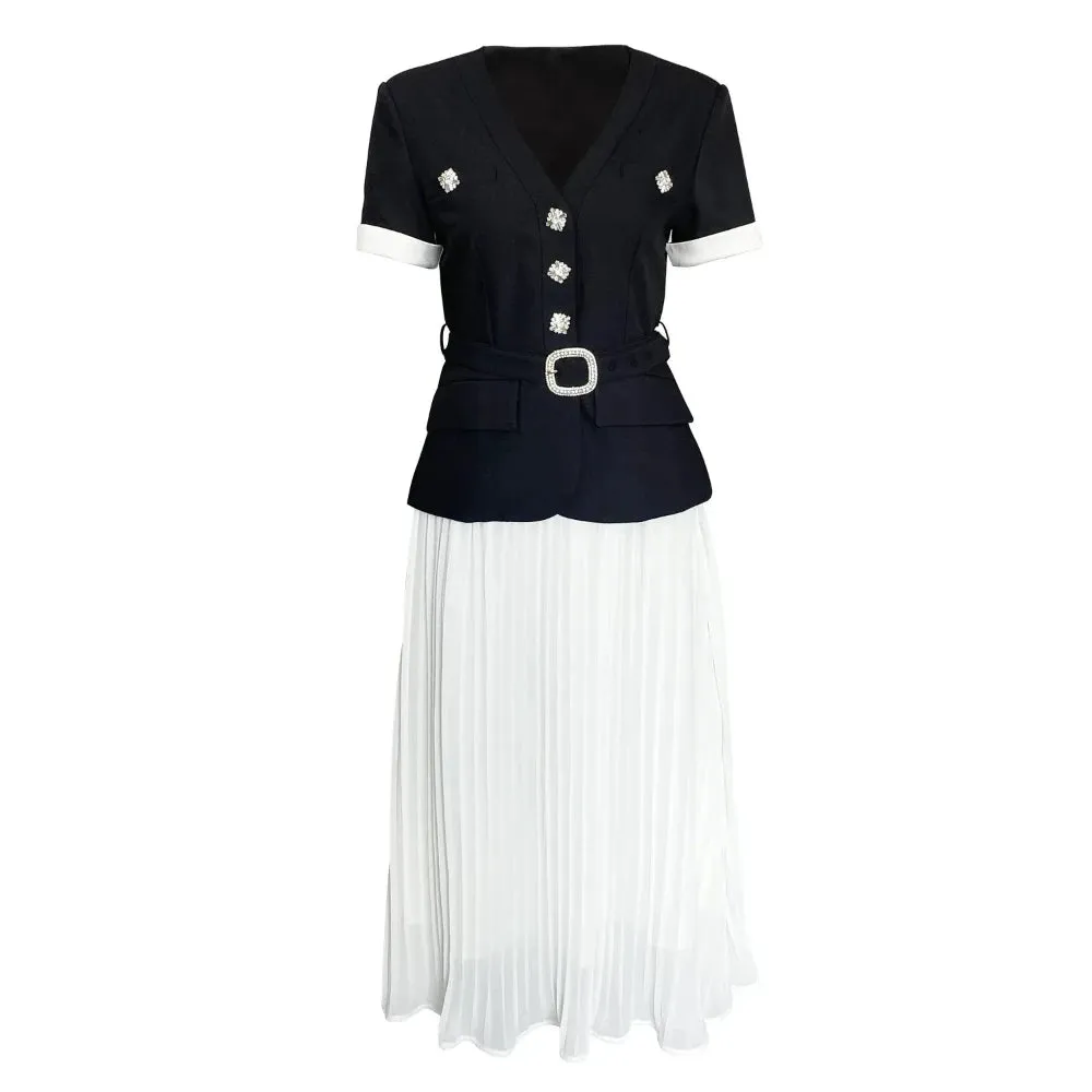 Trend4us Women's Chic Belted Blazer Midi Skirt Set