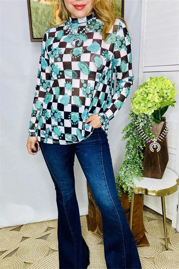 Turquoise conchos checkered mesh top
