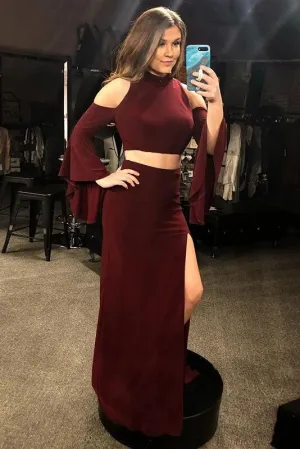 Two Piece Mermaid Cold Shoulder Long Sleeves Burgundy Prom Dress With Split PFP1587