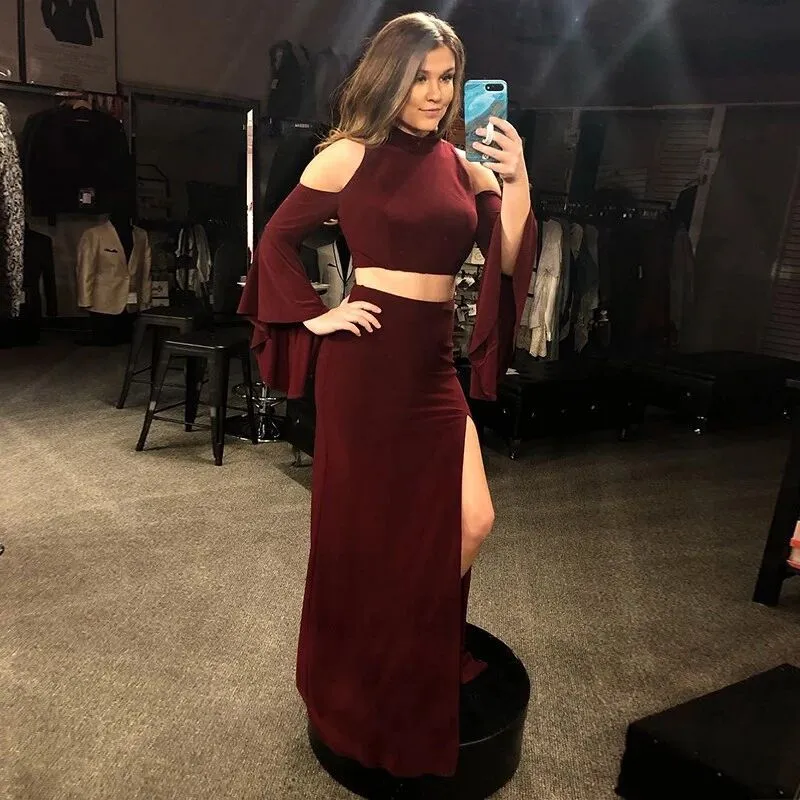 Two Piece Mermaid Cold Shoulder Long Sleeves Burgundy Prom Dress With Split PFP1587