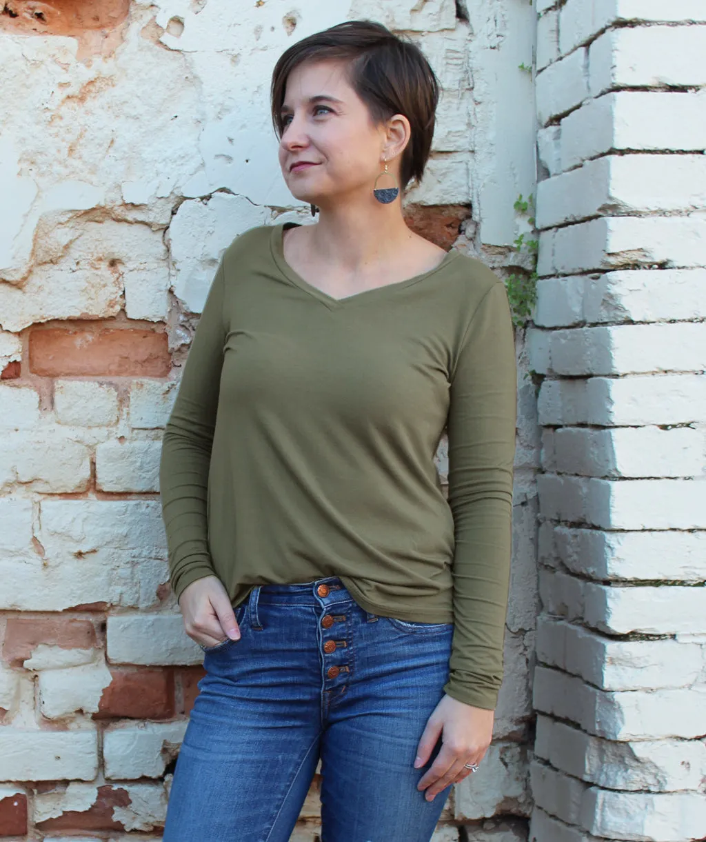 V-NECK long sleeve tee in Olive
