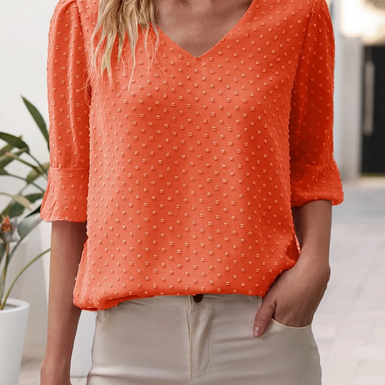 V-neck Loose Chiffon Casual 3/4 Long Sleeve Fashion Blouses Tops