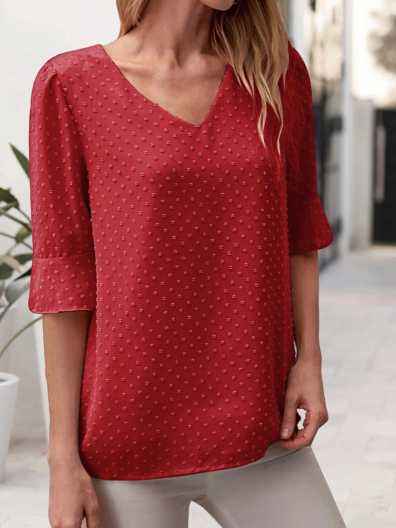 V-neck Loose Chiffon Casual 3/4 Long Sleeve Fashion Blouses Tops