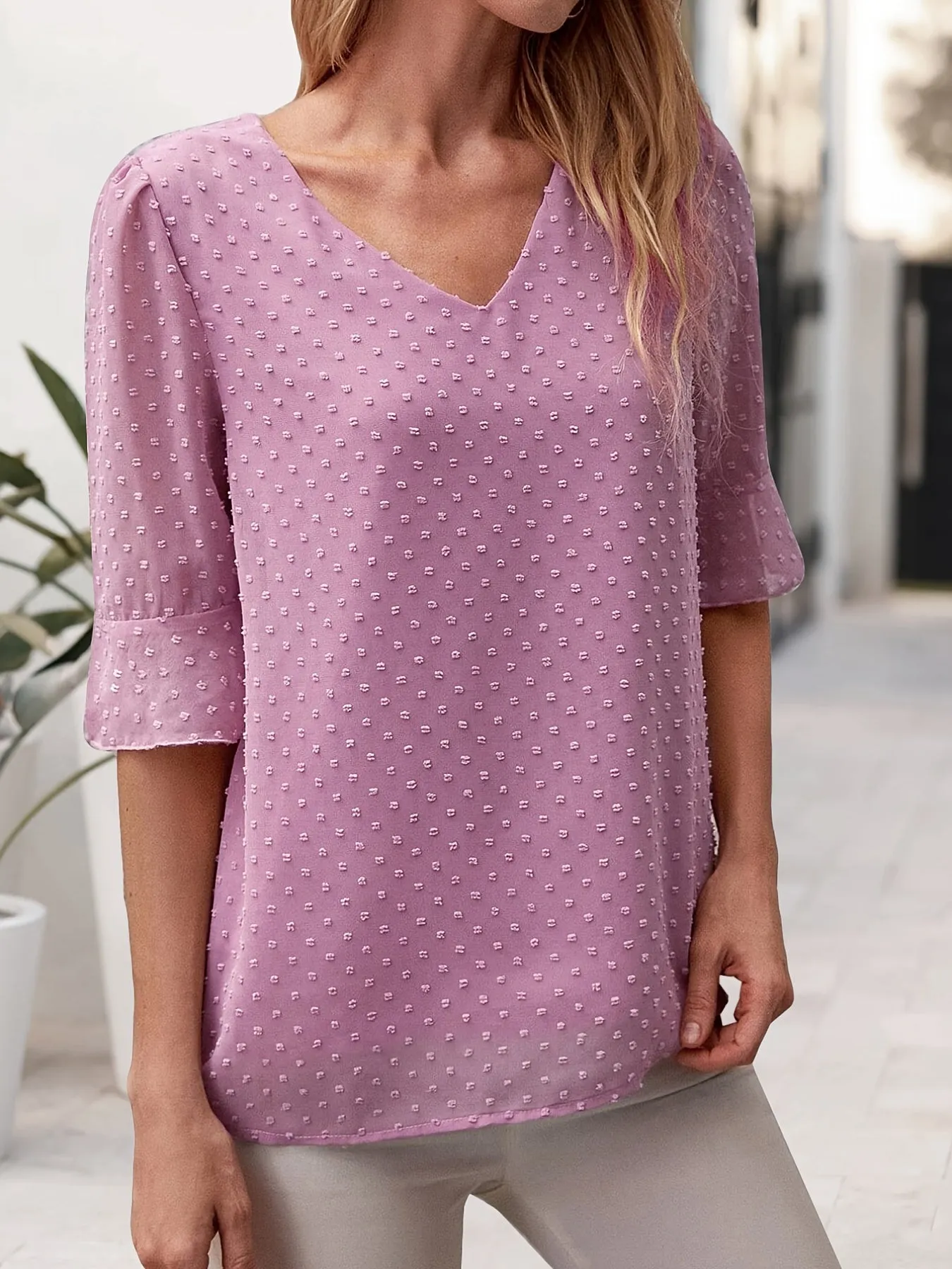 V-neck Loose Chiffon Casual 3/4 Long Sleeve Fashion Blouses Tops