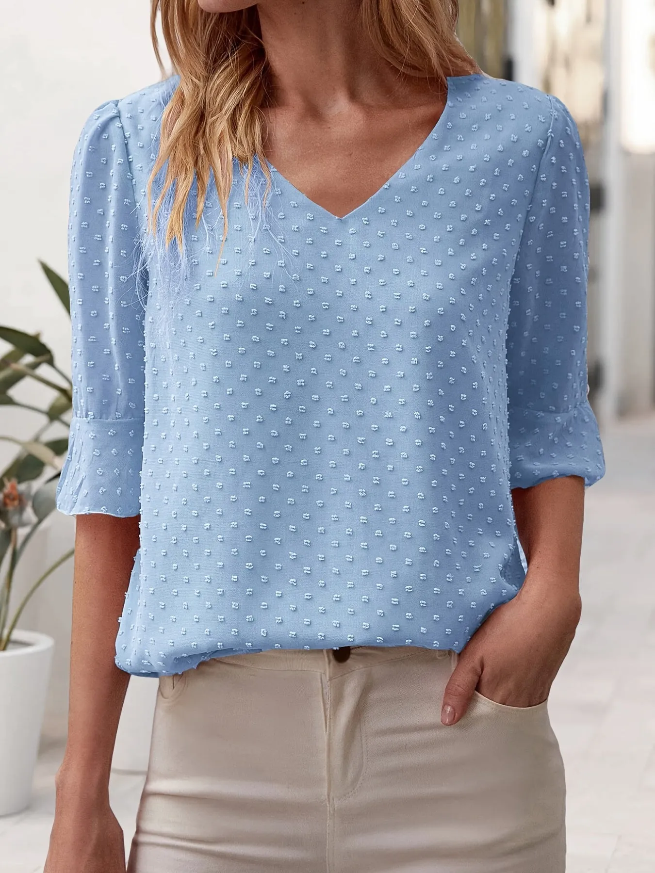 V-neck Loose Chiffon Casual 3/4 Long Sleeve Fashion Blouses Tops