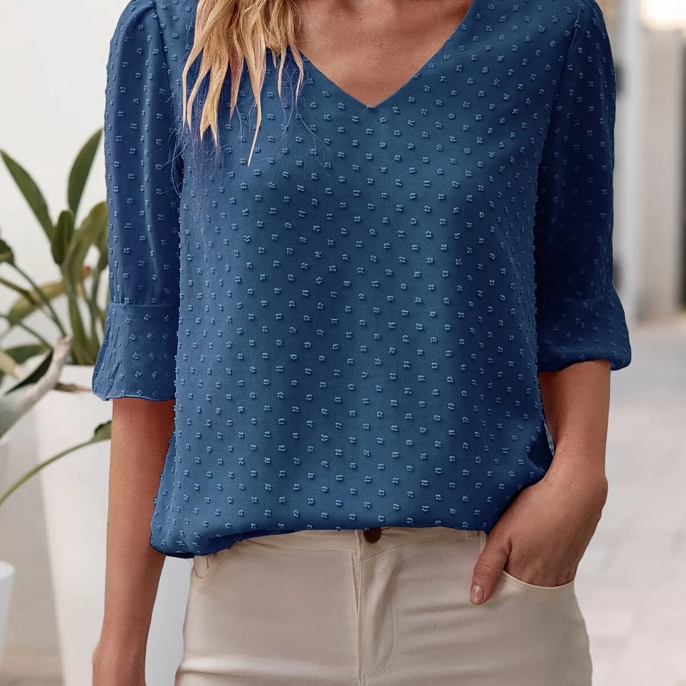 V-neck Loose Chiffon Casual 3/4 Long Sleeve Fashion Blouses Tops