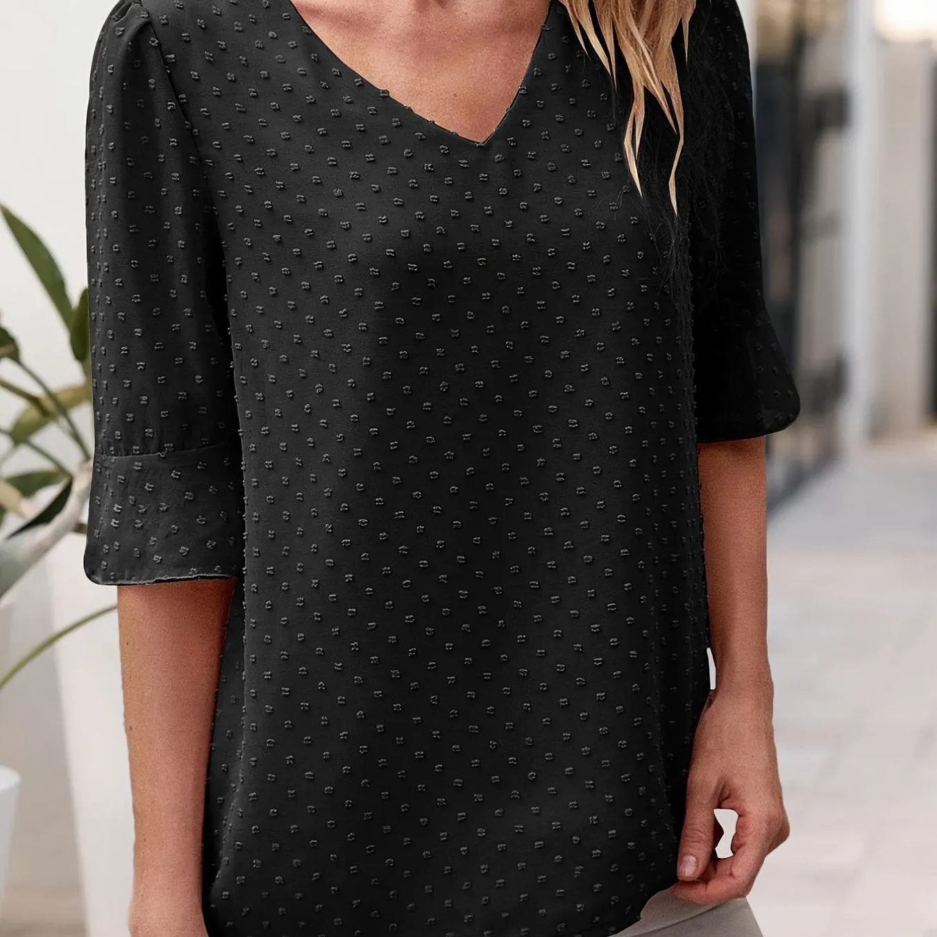 V-neck Loose Chiffon Casual 3/4 Long Sleeve Fashion Blouses Tops