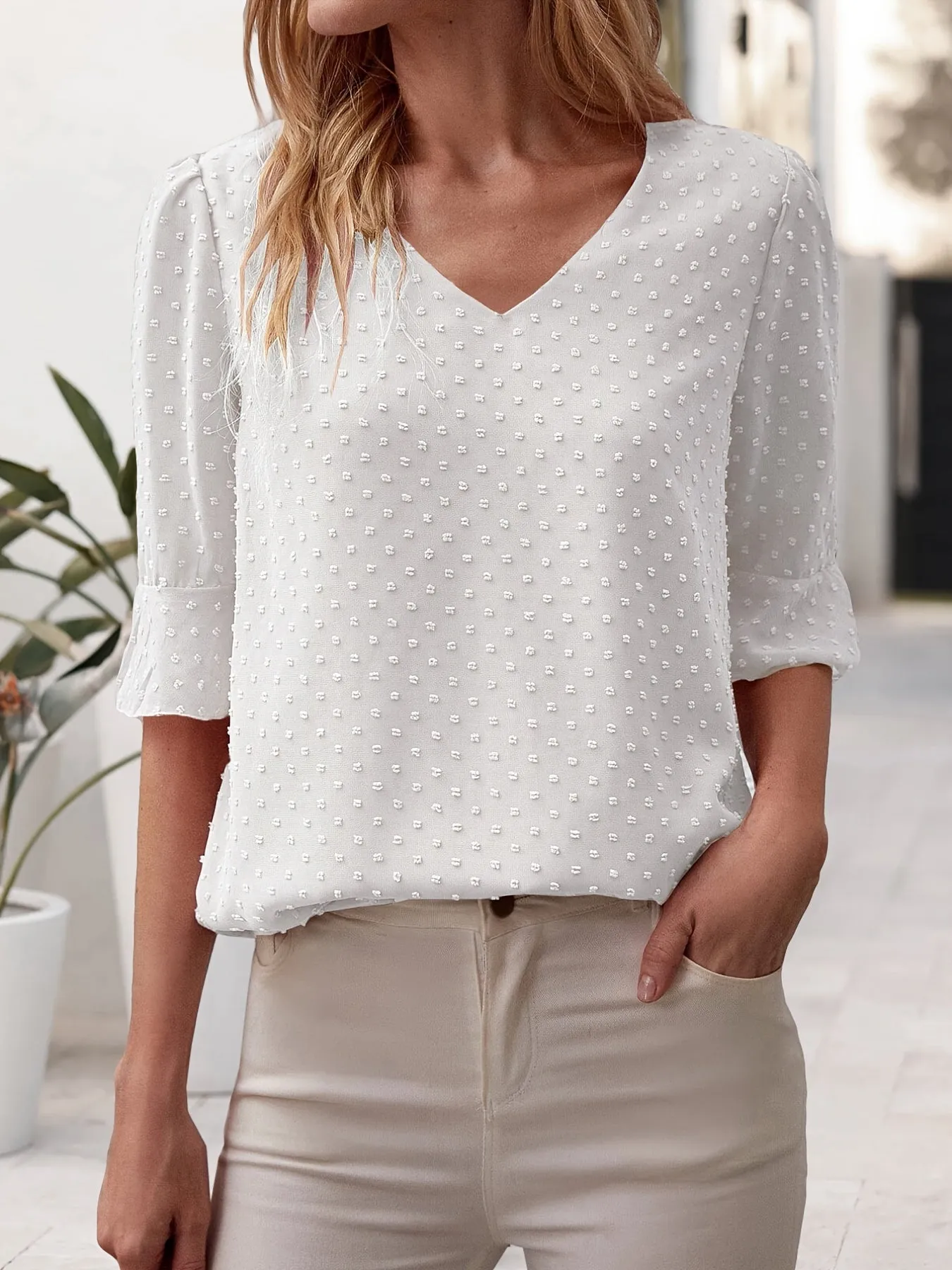 V-neck Loose Chiffon Casual 3/4 Long Sleeve Fashion Blouses Tops