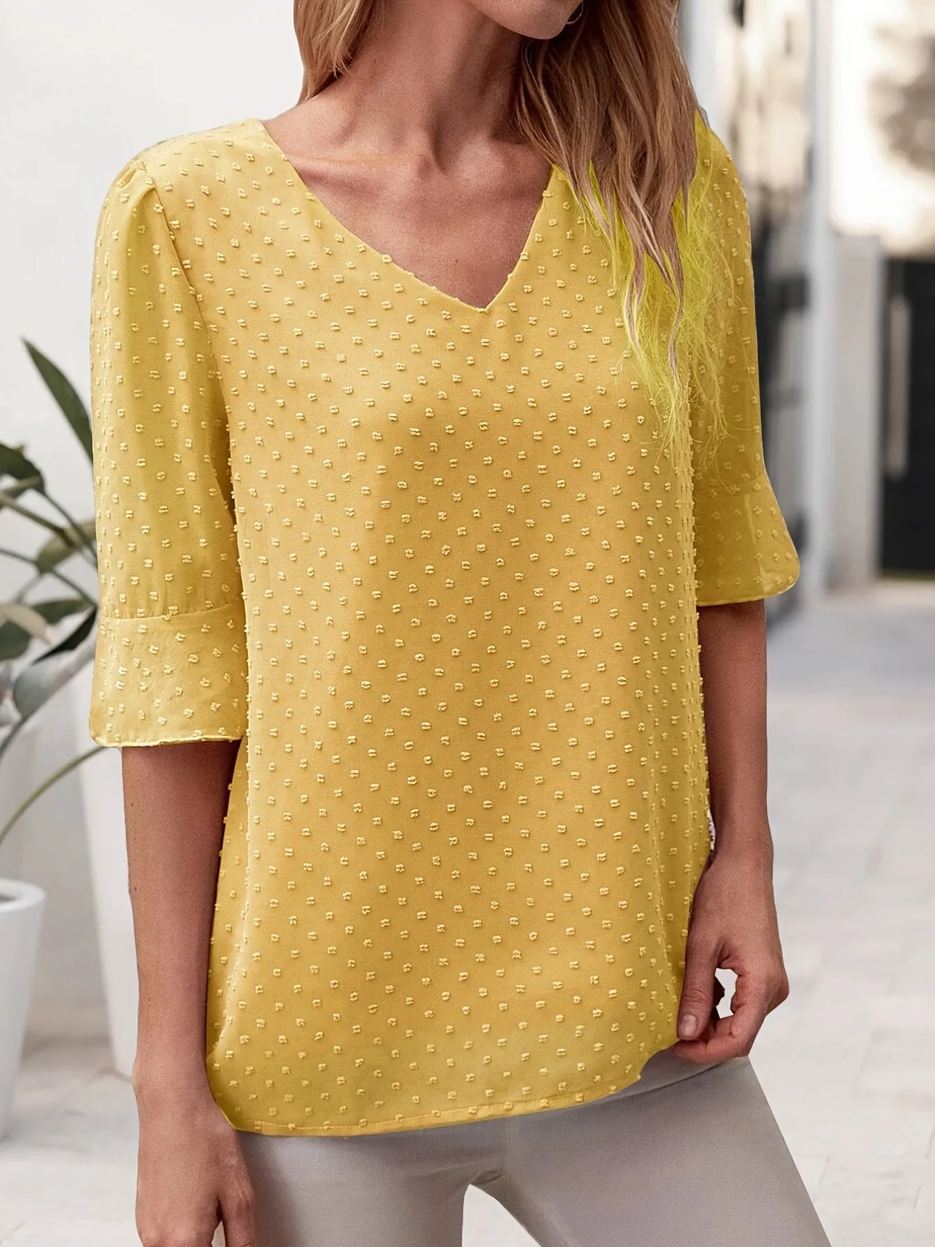 V-neck Loose Chiffon Casual 3/4 Long Sleeve Fashion Blouses Tops