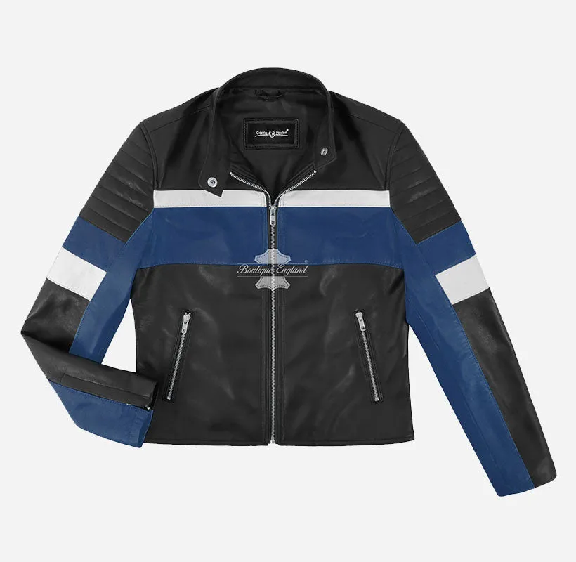 Veloce Leather Biker Jacket for Women Classic Racer Style Black Blue Jacket