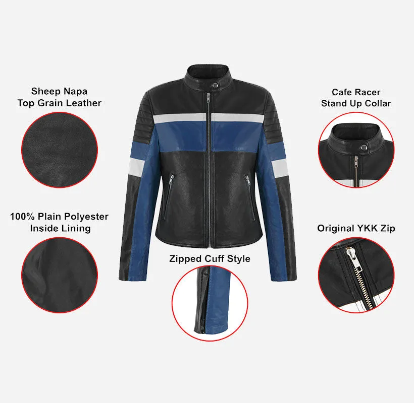 Veloce Leather Biker Jacket for Women Classic Racer Style Black Blue Jacket